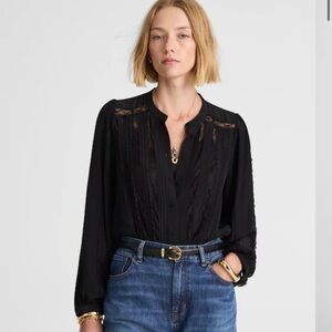 Madewell Lace-Insert Button-Up Long-Sleeve Top